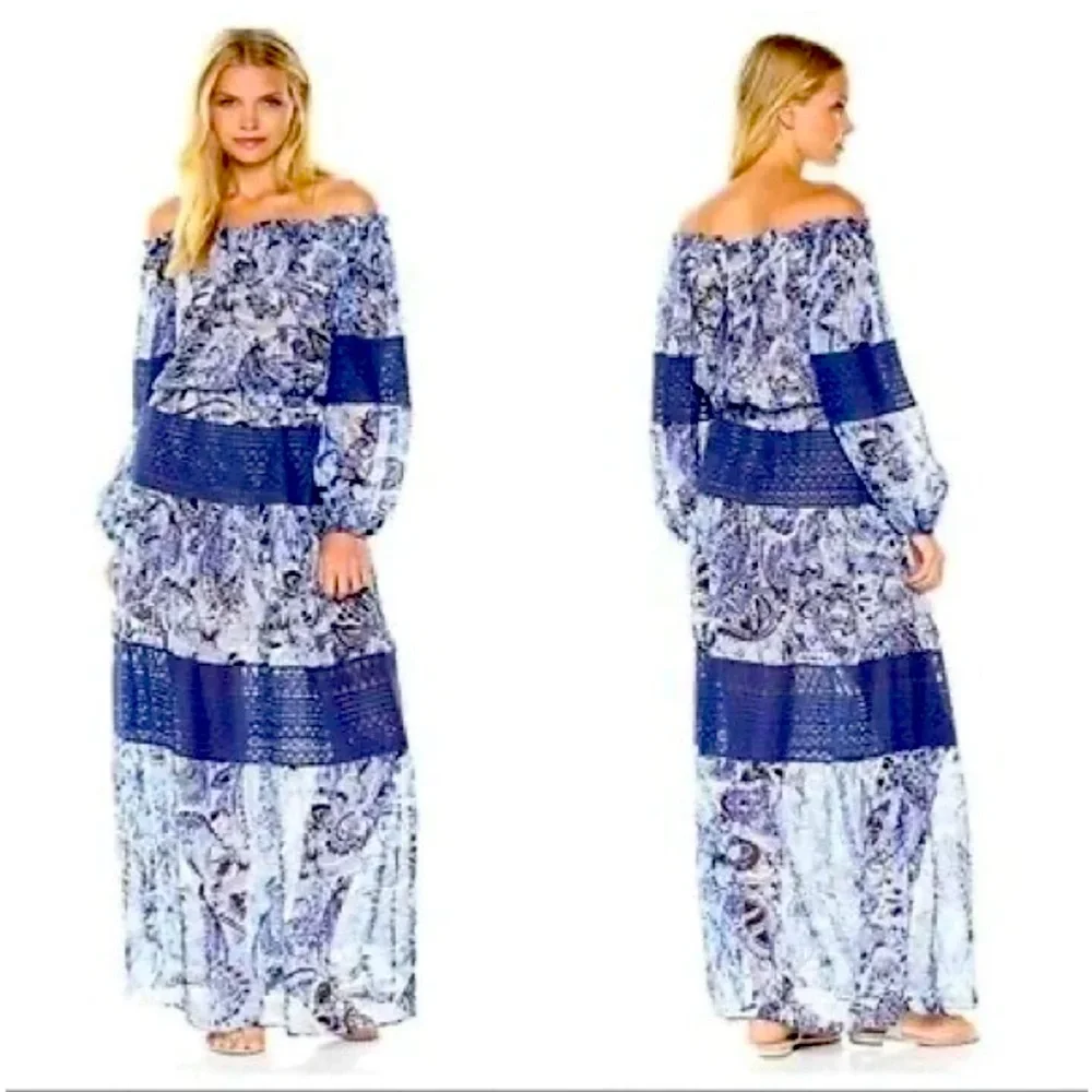 BCBGMAXAZRIA Ellie Blue Paisley Maci Dress 100% silk - Picture 1 of 8